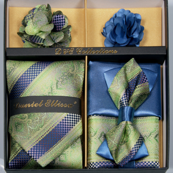 6 Piece Green Blue Checker Necktie & Bow Tie Set